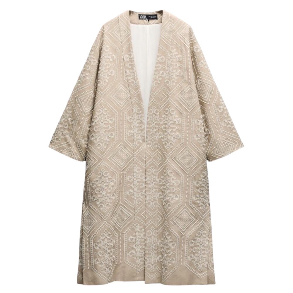 Zara Beige Long Embroidered Open Kimono Duster Coat Women’s Medium/Large Boho